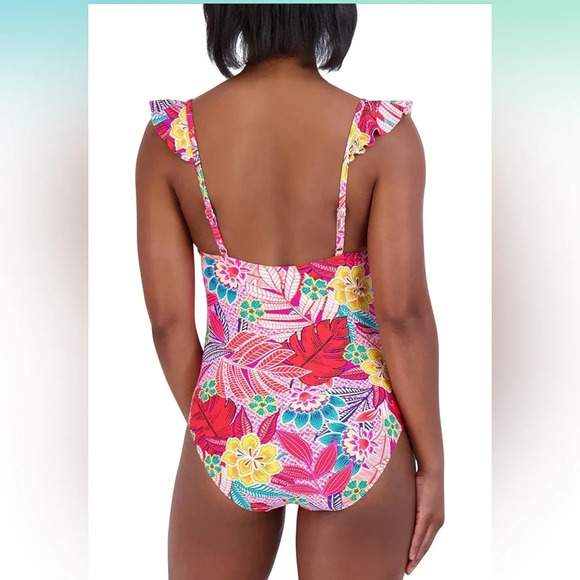 Caribbean Joe Coral/Red Floral Ruffle One Piece Swimsuit NWT 8 - Picture 2 of 9